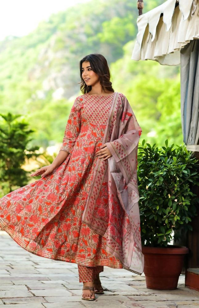 Yufta Women Red Floral Yoke Design Regular Aari Work Pure Cotton Kurta with Trouser & With Dupatta