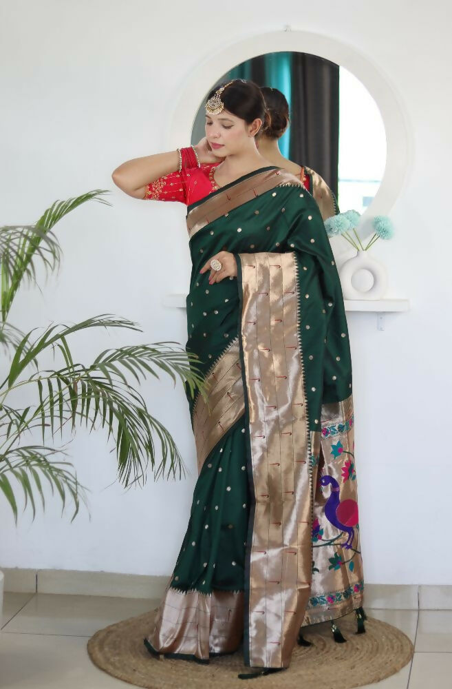 Green Woven Jacquard Designer Embroidery Work Party Wear Saree - Parampara
