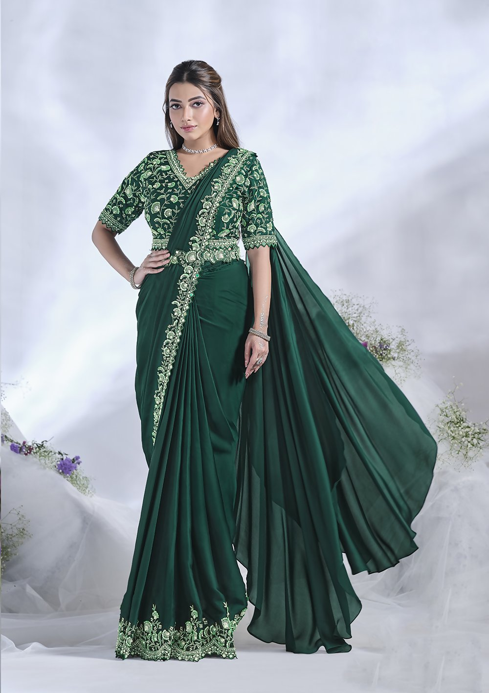 Green Crepe Satin Silk Designer Ready to wear saree with stithced Blouse - Mohmanthan Aura