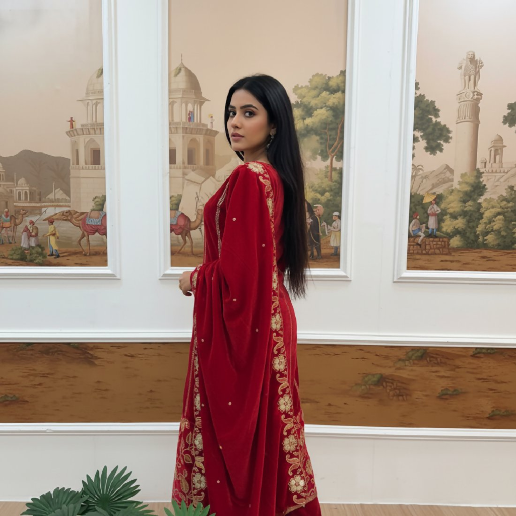 Joban Fashion Red Kurta Set Velvet Embroidery Sequence Work - Distacart