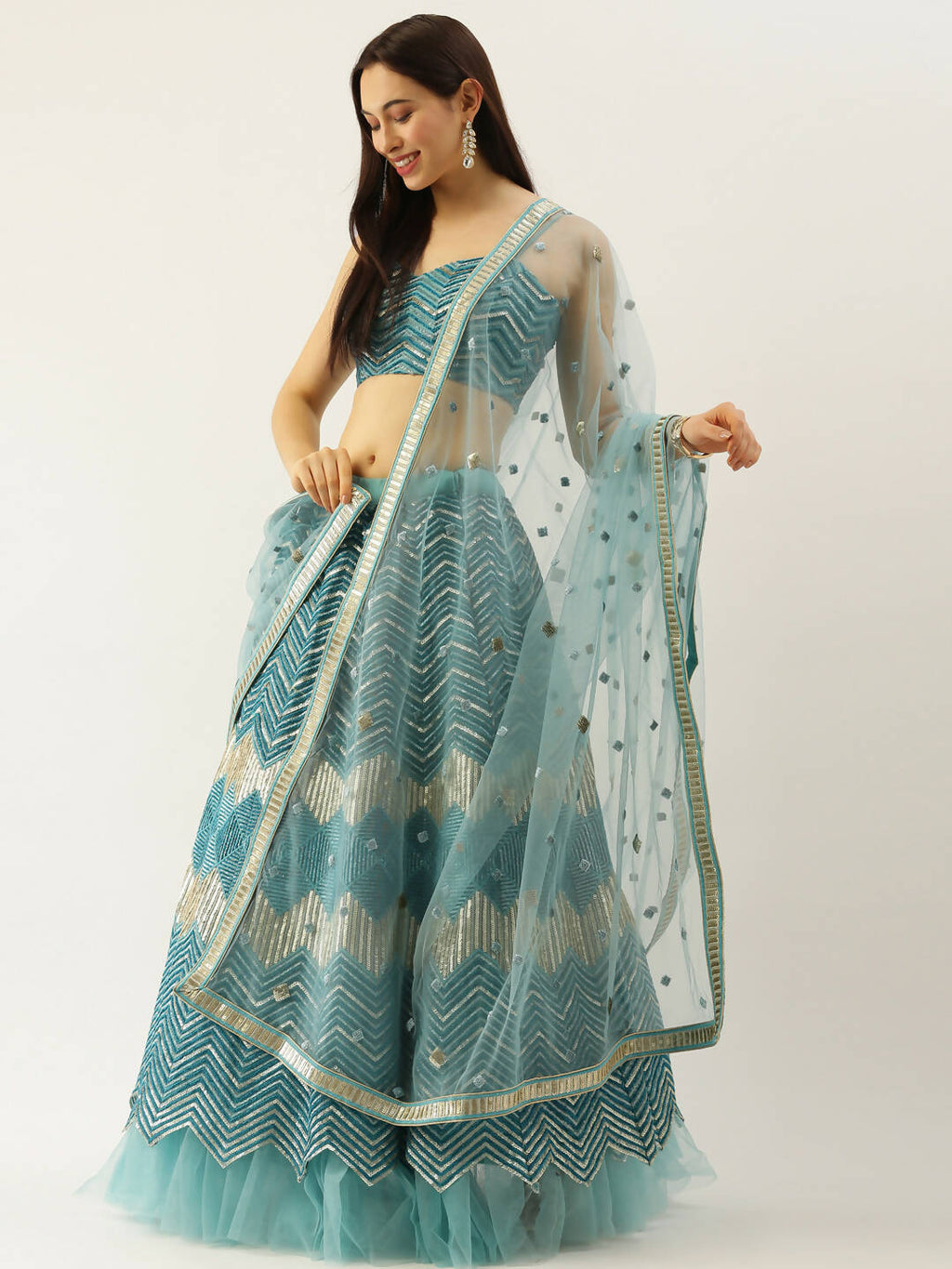 House of Panchhi Women Sea Green Net Zig-Zag Embroideried Lehenga, Blouse & Dupatta