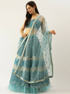 House of Panchhi Women Sea Green Net Zig-Zag Embroideried Lehenga, Blouse & Dupatta