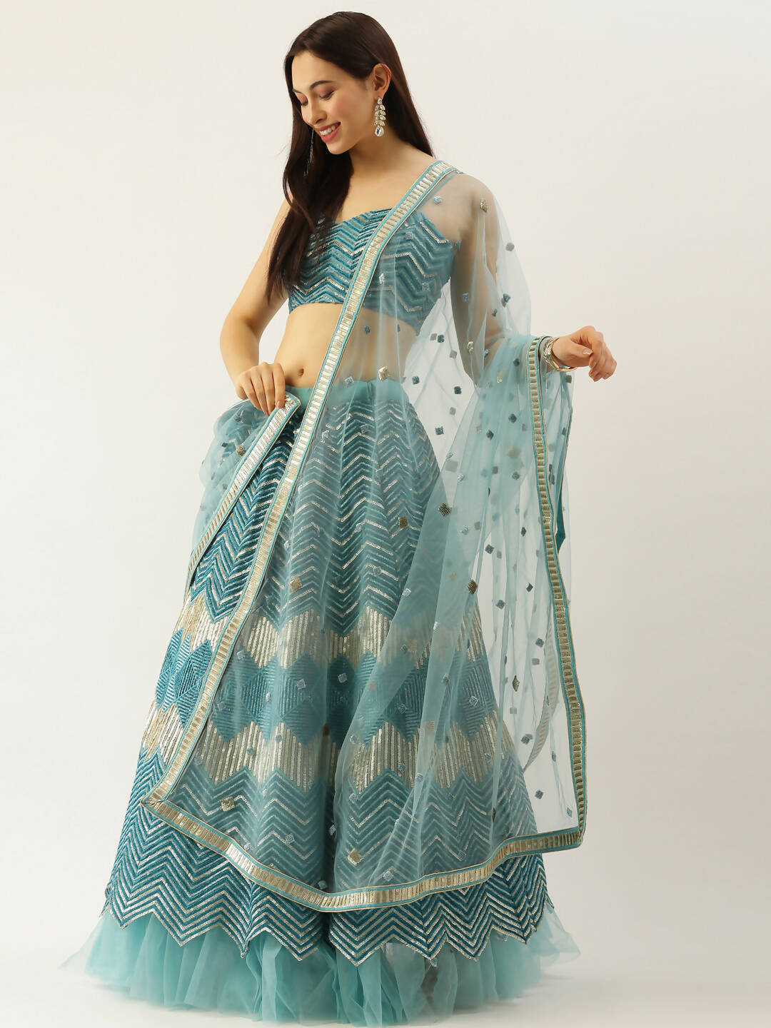 House of Panchhi Women Sea Green Net Zig-Zag Embroideried Lehenga, Blouse & Dupatta