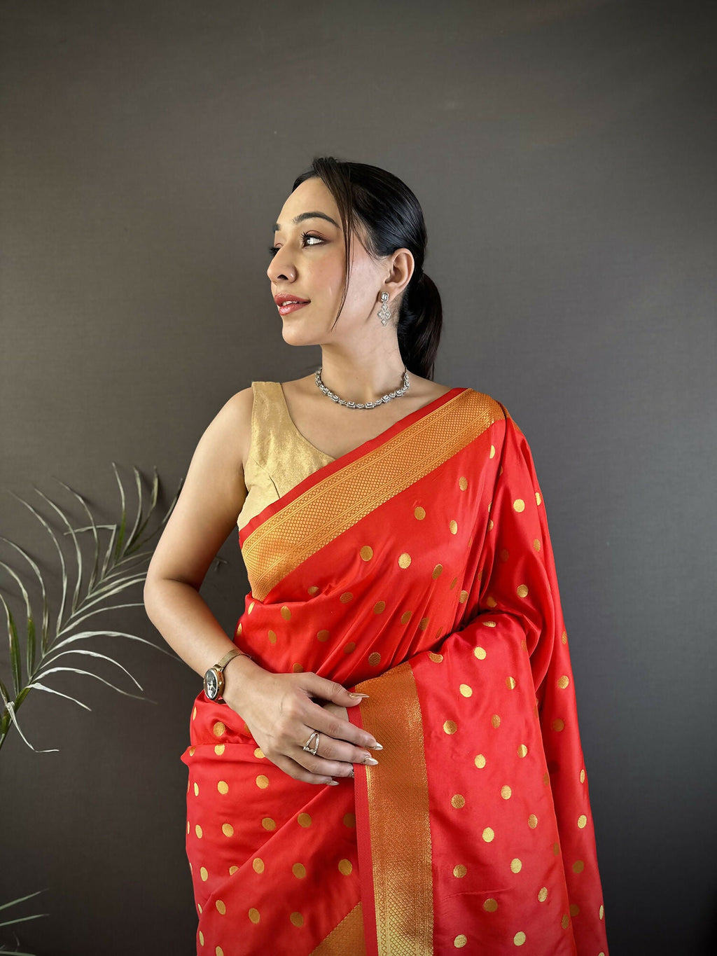 Joban Fashion Red Polka Dot Lichi Silk Paithani Silk Saree - Distacart