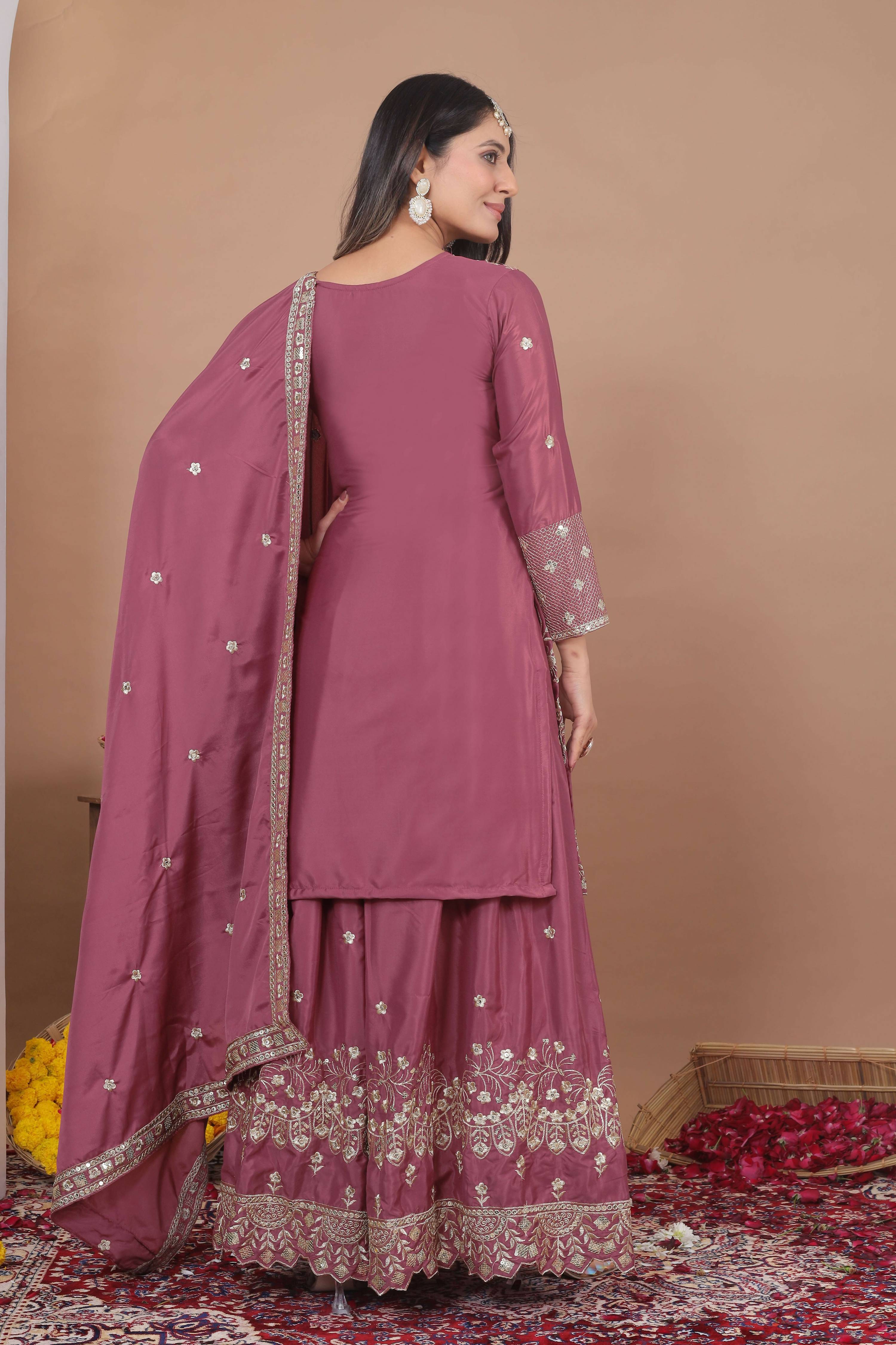 Lehenga Mart Designer Sharara Suit With Kurta, Sharara, Dupatta For Women-Mauve - Distacart