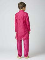 Joban Fashion Kids Island Full Sleeves Chanderi Kurta, Pyjama Set with Traditional Butta Work - Rani Pink - Distacart