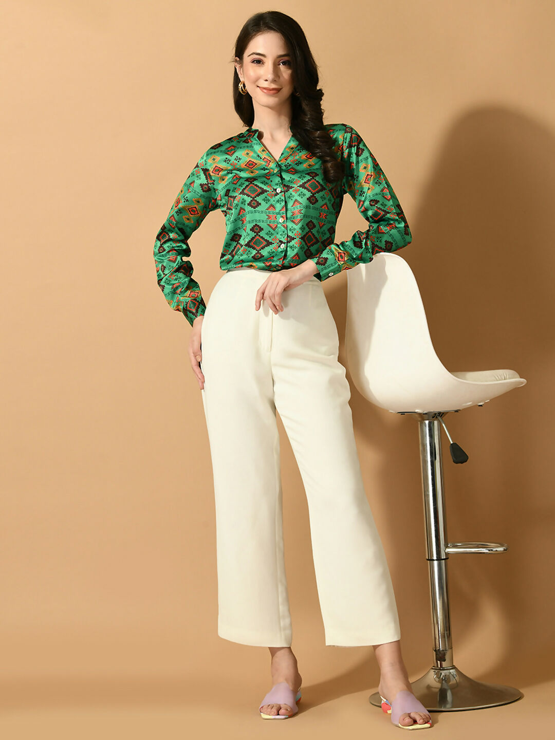 Myshka Women's Multi Satin Printed Smart Shirt