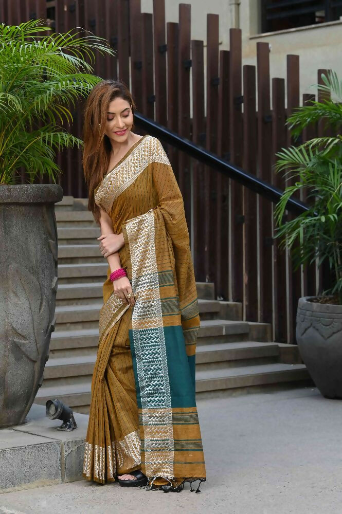 Beatitude Mustard Cotton Jacquard Border Tangail Handloom Saree