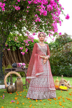Pink Net Embroidered Semi Stitched Lehenga Choli with Dupatta - Bhagya