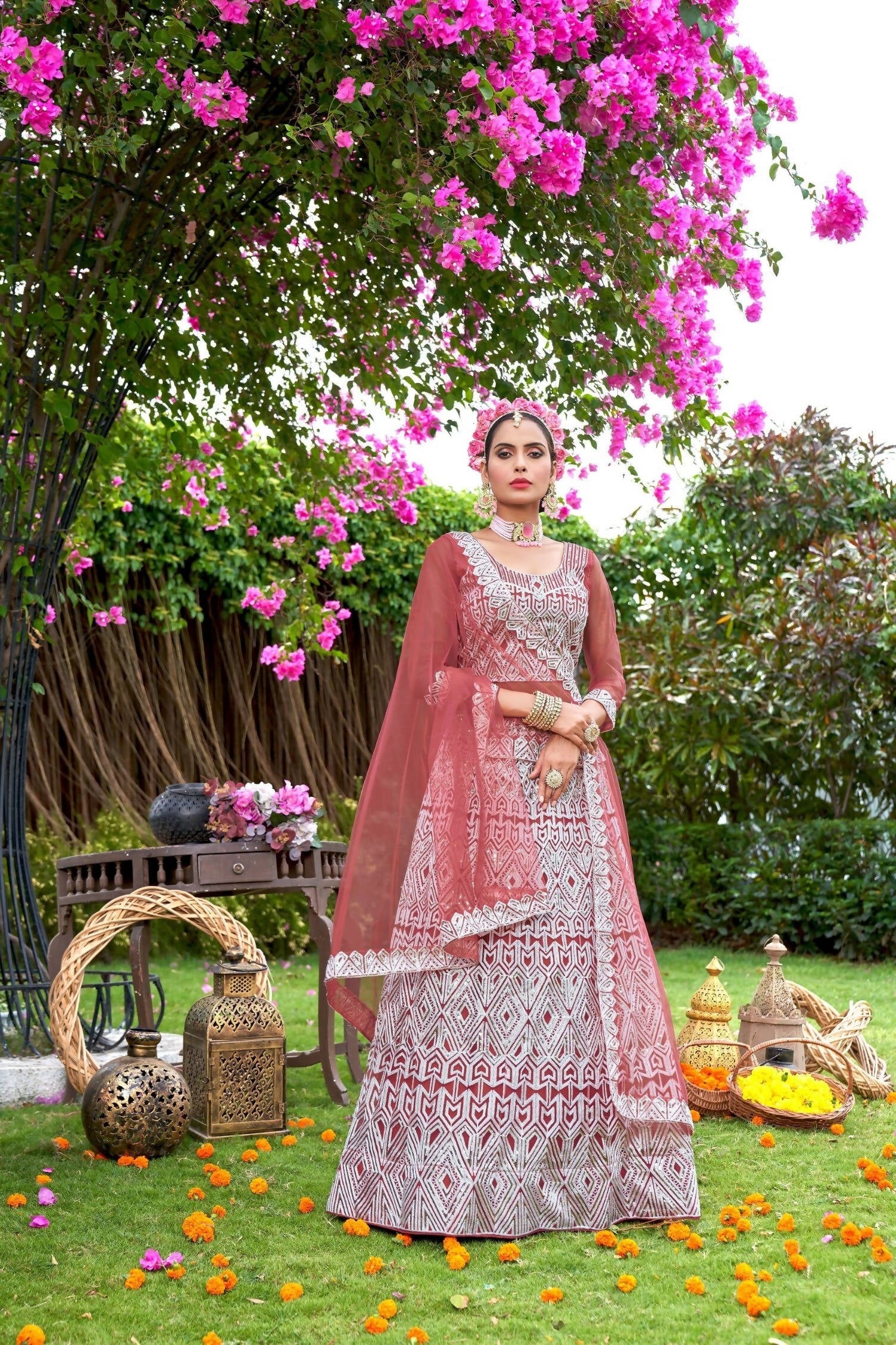 Pink Net Embroidered Semi Stitched Lehenga Choli with Dupatta - Bhagya