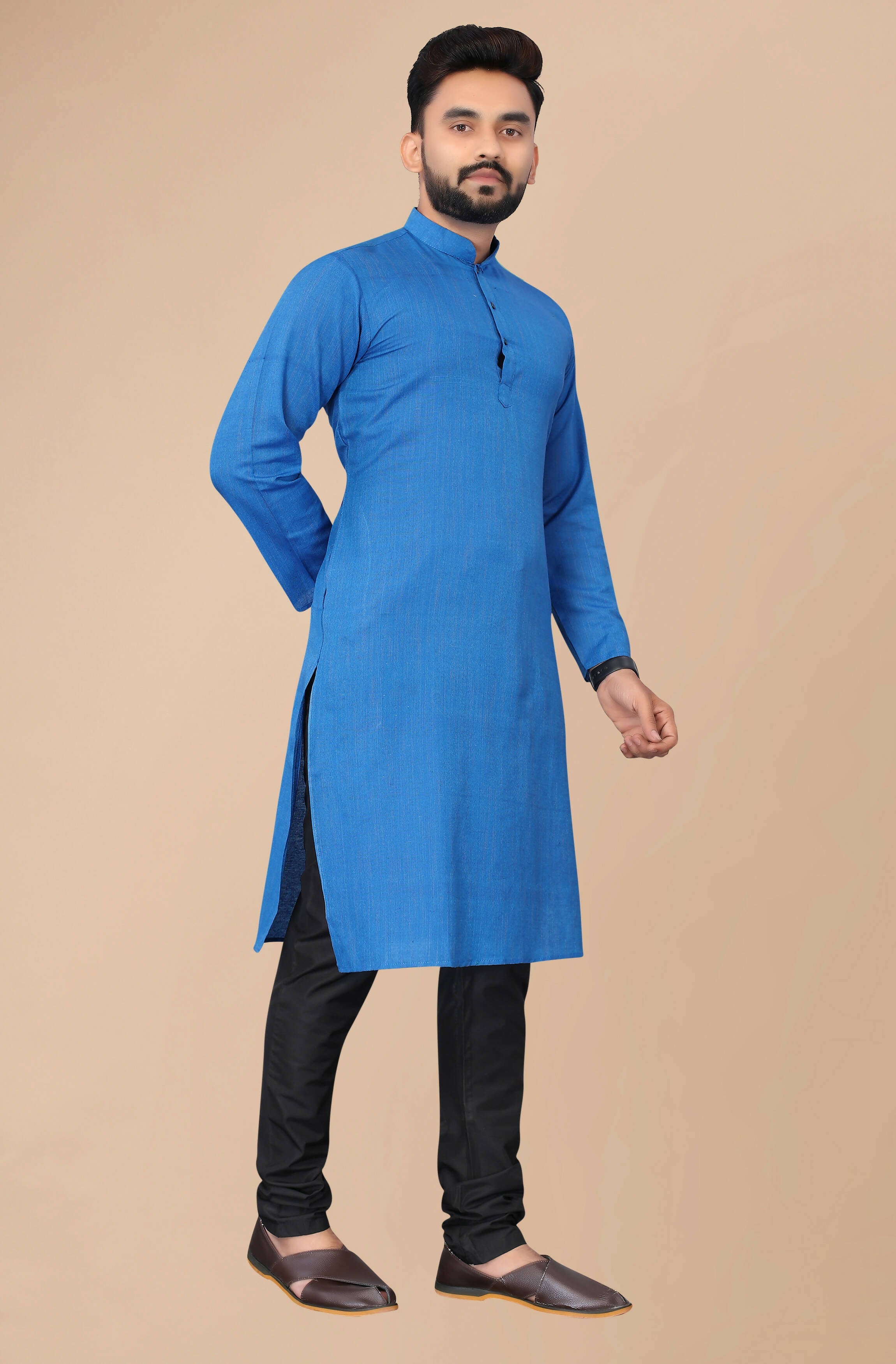 Men's Blue Striped Cotton Kurta - Mahotsav