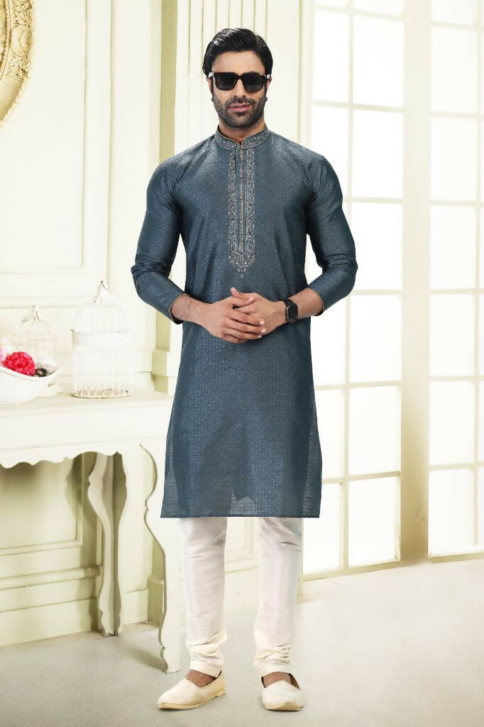 Raivat Ethnic Jacquard Banarasi Silk Thread Work Kurta Pajama In Grey Colour - Distacart