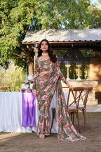 Vastranavya Mehendi Weightless Marble Printed & Pearl Lace Border Saree with Unstitched Blouse
