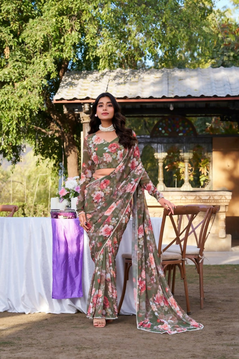 Vastranavya Mehendi Weightless Marble Printed & Pearl Lace Border Saree with Unstitched Blouse