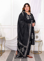 Miravan Women's Plus Size Cotton Gota Patti Black Floral Printed Straight Kurta Palazzo With Dupatta Set