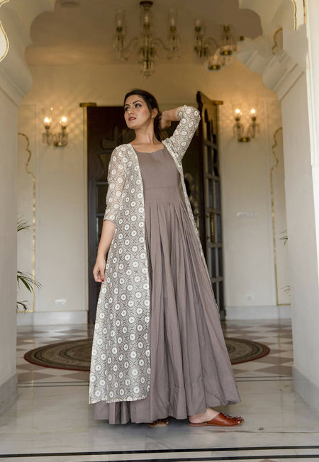 Partywear Designer Digital print Grey Maslin Gown - Anbazaar
