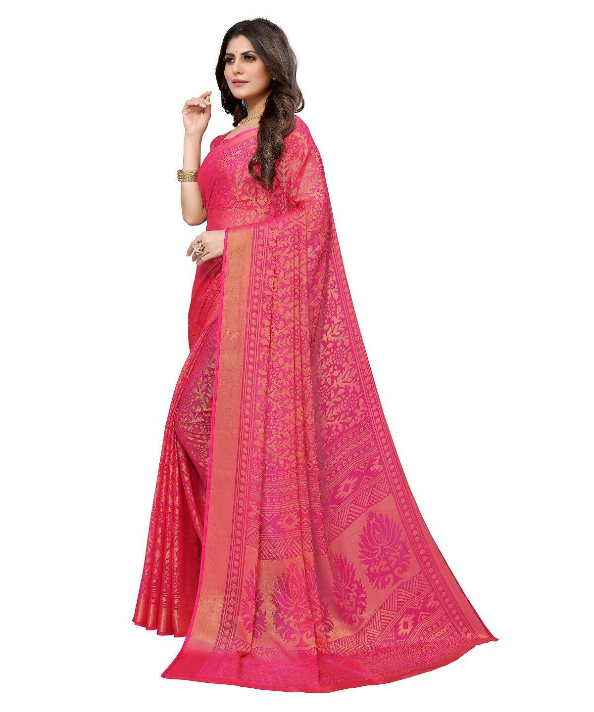 Vamika Pink Chiffon Brasso Bollywood Style Woven Saree (AARADHYA PINK) - Distacart
