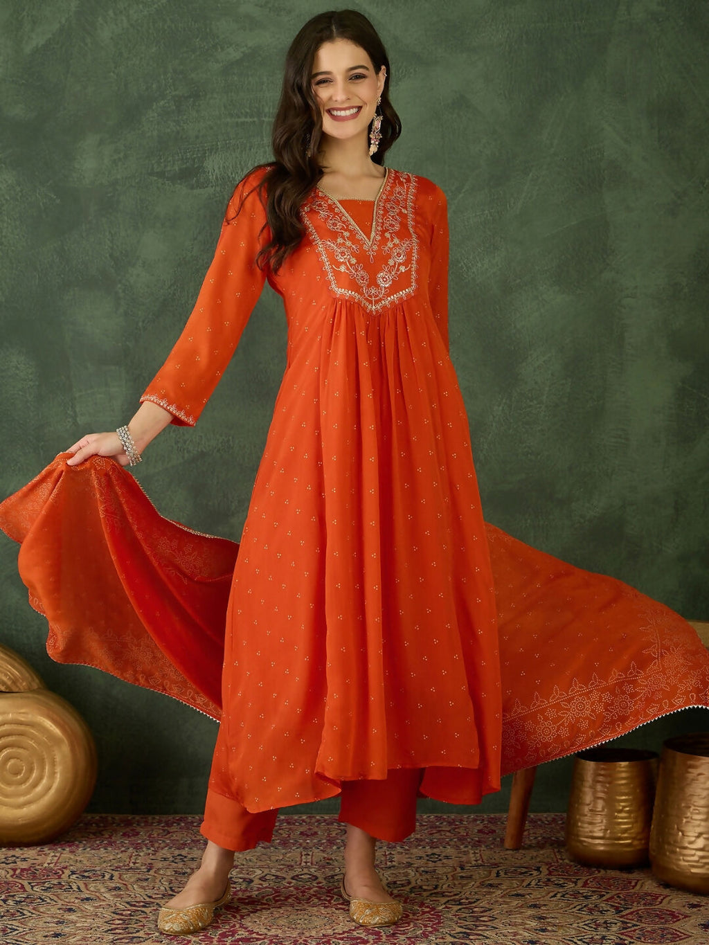 The52 Orange Women's Gorgeous Embroidered Chinon Fabric Flared Kurta Pant and Dupatta Set - Distacart