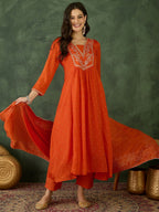 The52 Orange Women's Gorgeous Embroidered Chinon Fabric Flared Kurta Pant and Dupatta Set - Distacart