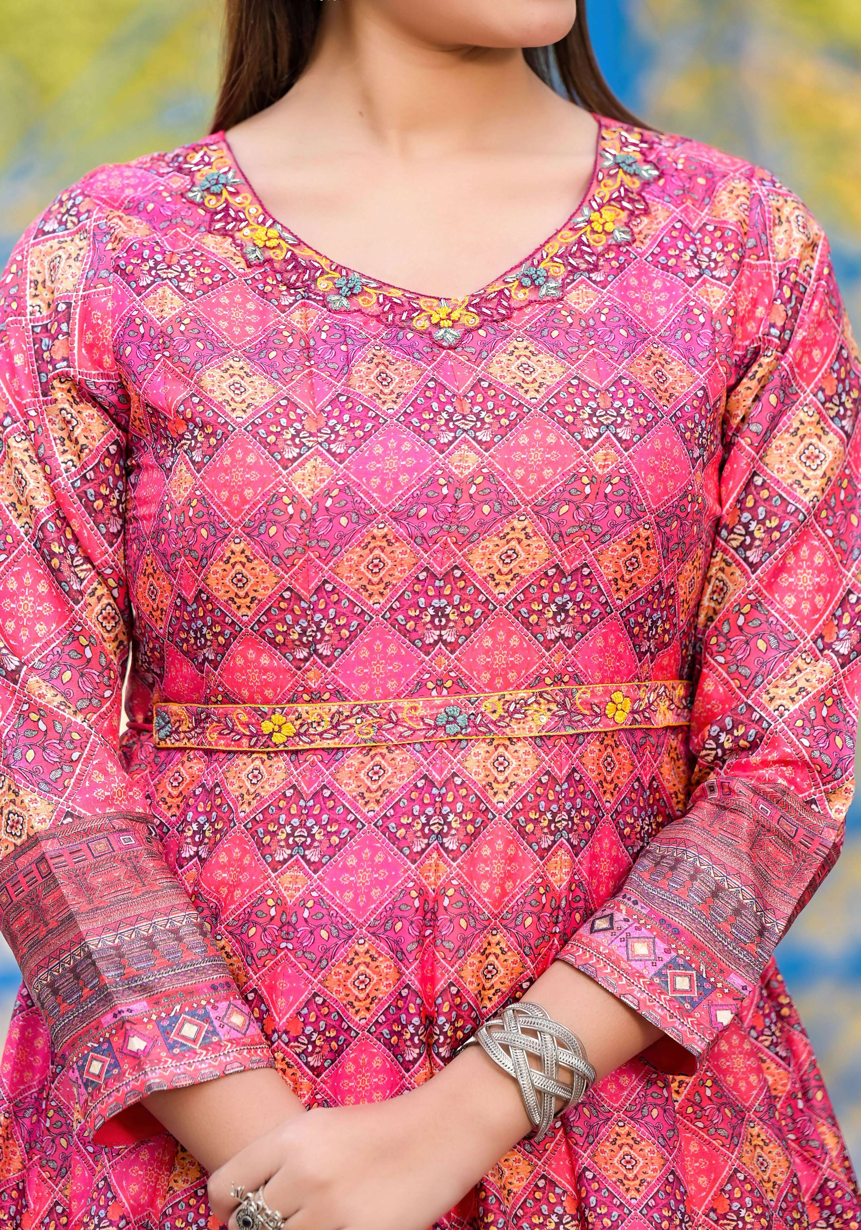Functional Designer Dark Pink Dola Silk Anarkali suit with Dupatta - Ramya