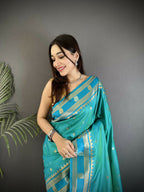 Joban Fashion Sea Green Banarasi Soft Silk Woven Saree - Distacart