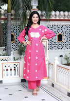 Miravan Women's Jaipuri Moti And Chikan Embroidered & Lace Embellished Pink Bandhani Printed Palazzo Set