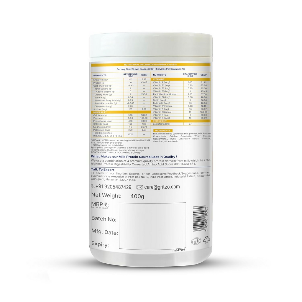 Gritzo SuperMilk Growth+ (Formerly Height+) Unsweetened Drink Mix (7-12y Boys), 10g Protein Powder (Creamy Vanilla)