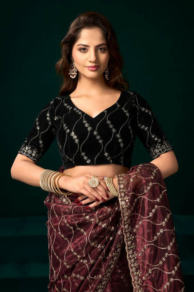 Joban Fashion Maroon Net Party Wear Sarees - Distacart
