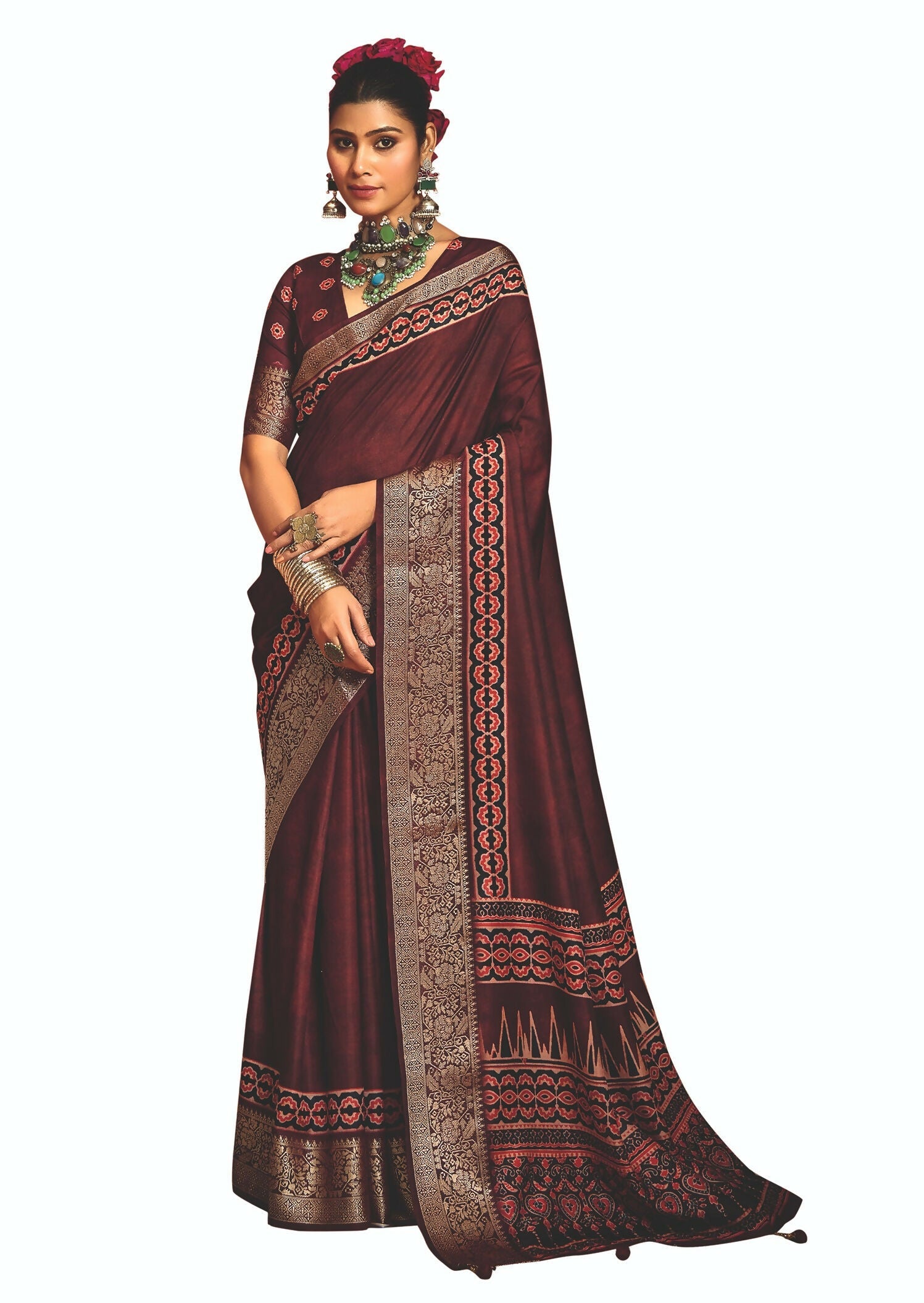Joban Fashion Maroon Art Silk With Fine Viscose Border Ajrak Full Body Print With Soft Finish Saree - Distacart