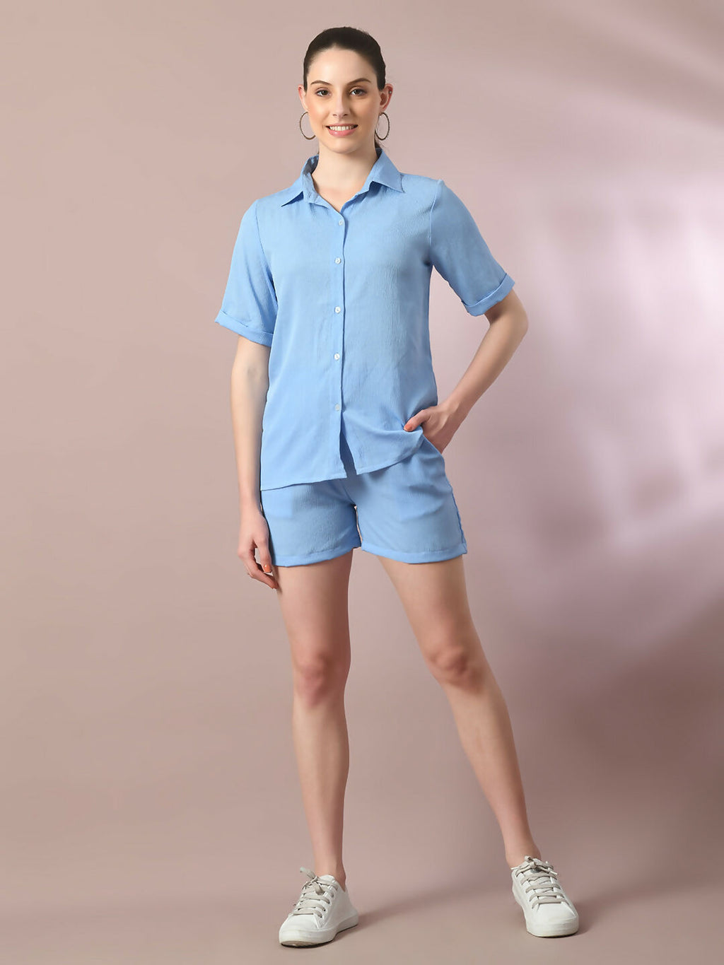Myshka Women's Blue Solid Shirt Collar Party Shirt With Shorts Co-ord set
