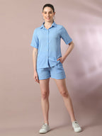 Myshka Women's Blue Solid Shirt Collar Party Shirt With Shorts Co-ord set