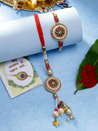 NVR Women & Men Set of 2 Gold-Toned Stone-Studded & Beaded Bhaiya Bhabi Rakhi With Roli Chawal & Chocolate - Distacart