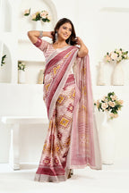 Vastranavya White Maroon Digital Printed Linen Ready To Wear Designer Saree with Unstitched Blouse - Distacart