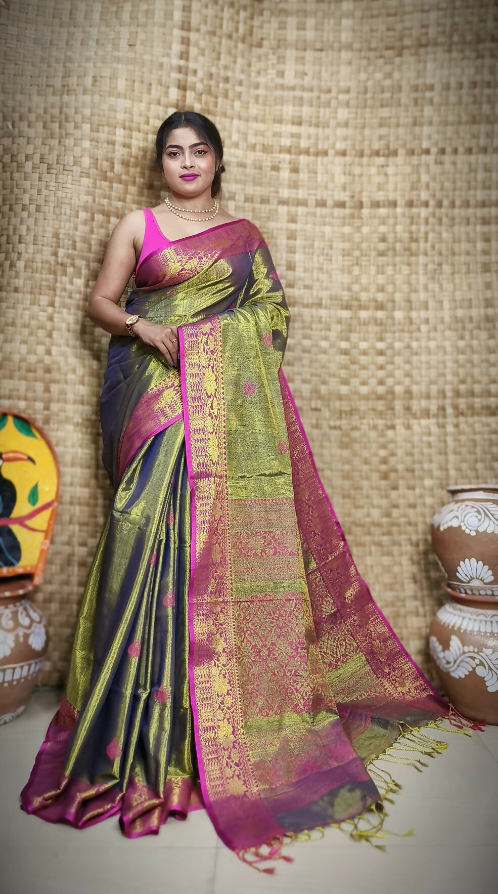 Exclusive Collection Golden Olive Beautiful Tissue Benarasi Saree
