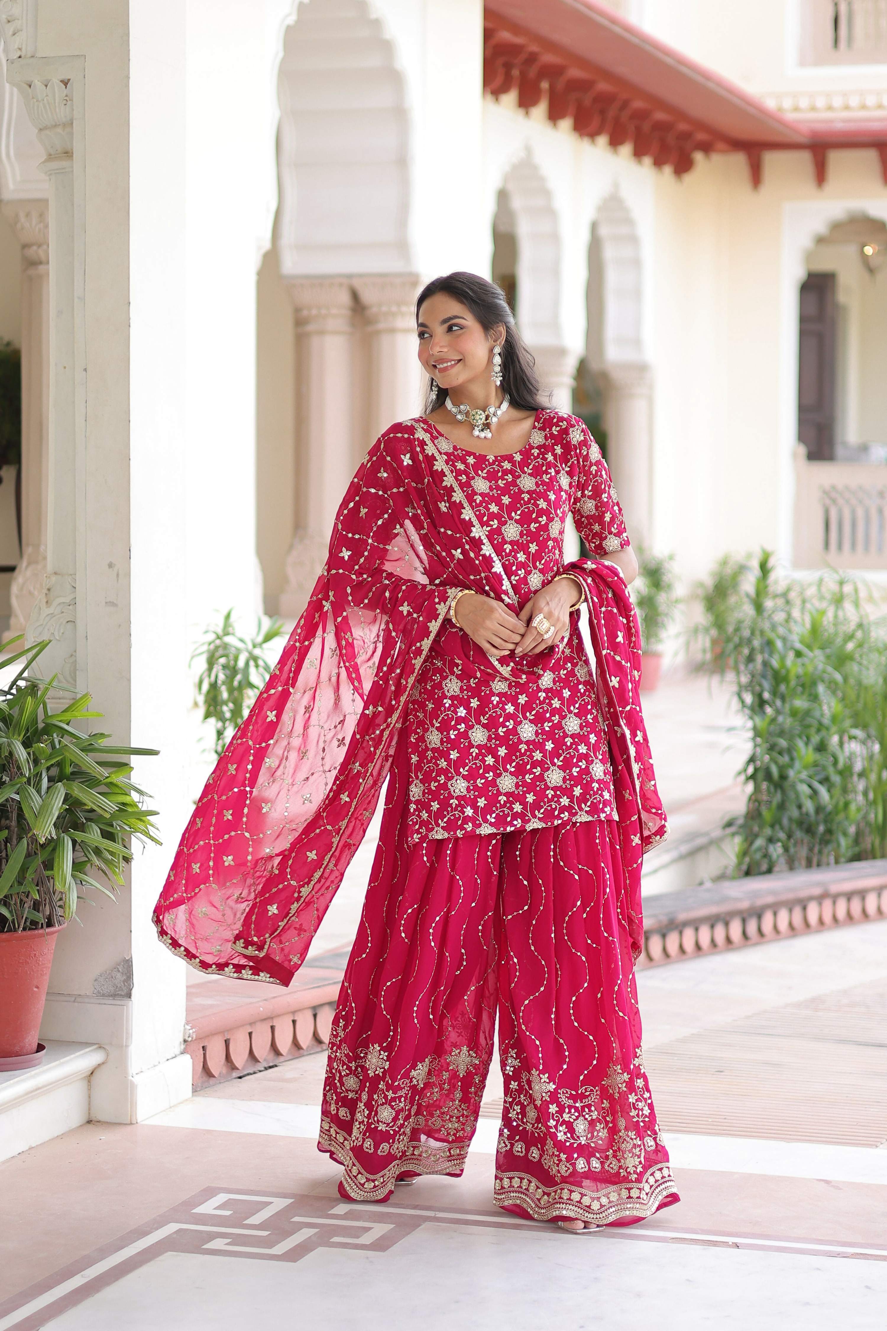 Joban Fashion Pink Readymade Kurta Set With Sequence embroidery Work - Distacart