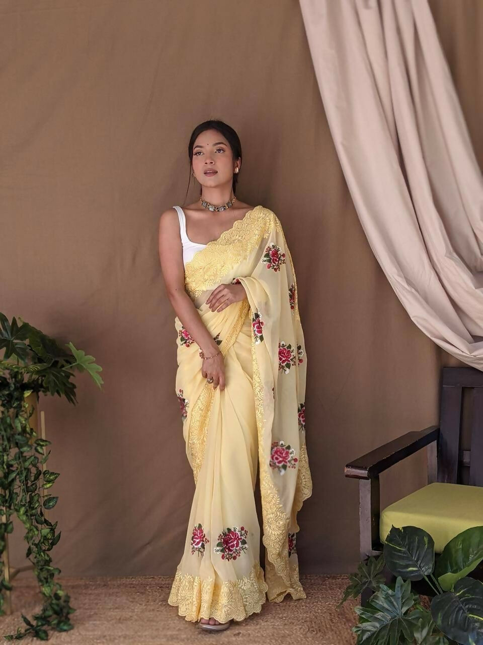 Vamsee Fana Yellow Georgette Silk Saree