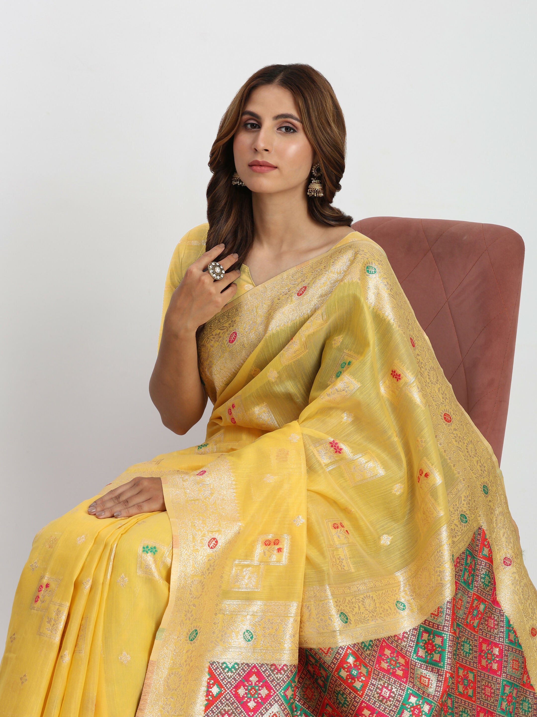 Shree Shyam Fashion Linen Cotton Yellow Saree - Distacart