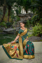 Jyoti Fashion Women's Bottle Green Paithani Silk Zari Woven Saree with Blouse