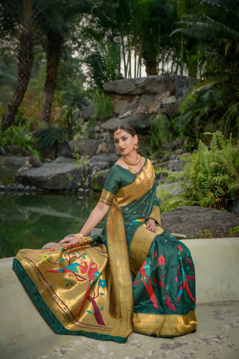 Jyoti Fashion Women's Bottle Green Paithani Silk Zari Woven Saree with Blouse