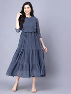 Myshka Georgette Solid 3/4 Sleeve Round Dark Grey Women Dress - Distacart