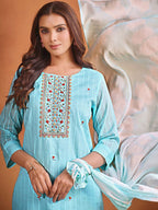 Sangria Ethnic Motifs Embroidered Thread Work Chanderi Cotton Kurta Trouser & Dupatta