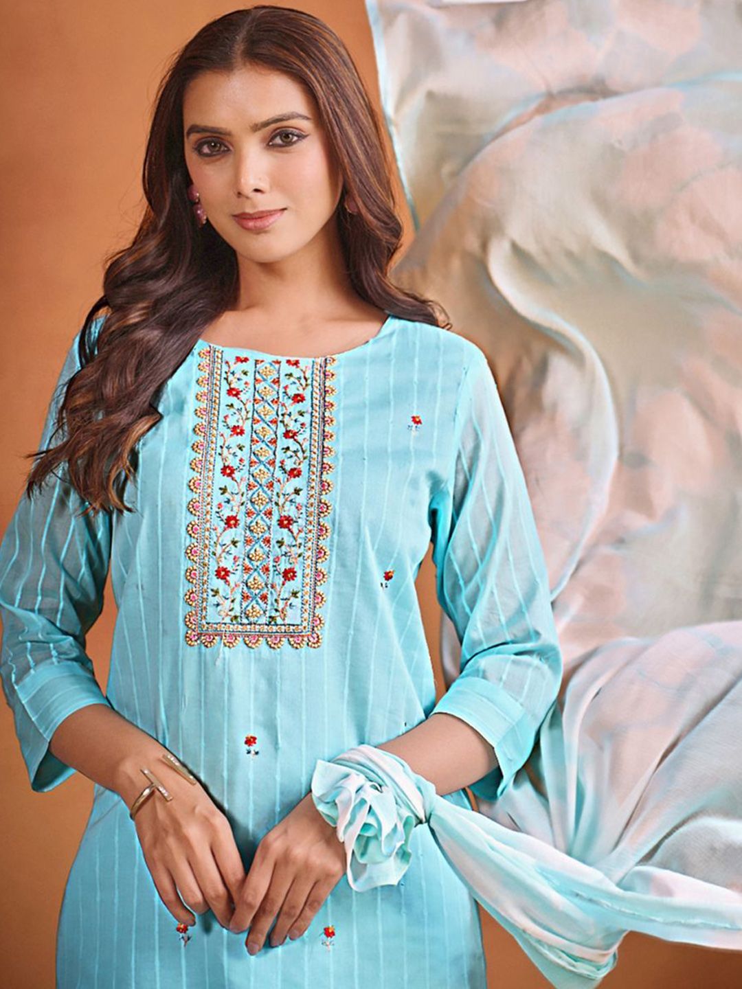 Sangria Ethnic Motifs Embroidered Thread Work Chanderi Cotton Kurta Trouser & Dupatta