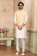 Raivat Ethnic Jacquard Banarasi Silk Woven Work 3 Pics Jacket Set In Yellow Colour - Distacart