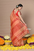 Very Much Indian Rajsi - Handloom Ari Checks Cotton Silk Saree With Golden Border - Orange