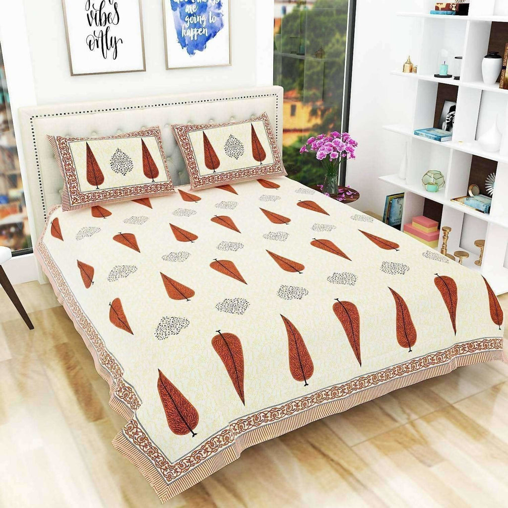 Queen Size 90x108 Inches Jaipuri Sanganeri Print Flat Bed Sheet Bedspread with 2 Pillowcases