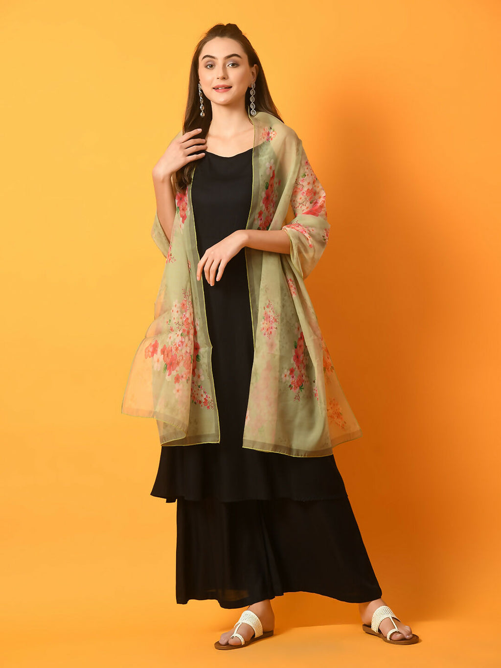 Myshka Women's Black Solid Anarkali Party Kurta Set With Printed Dupatta
