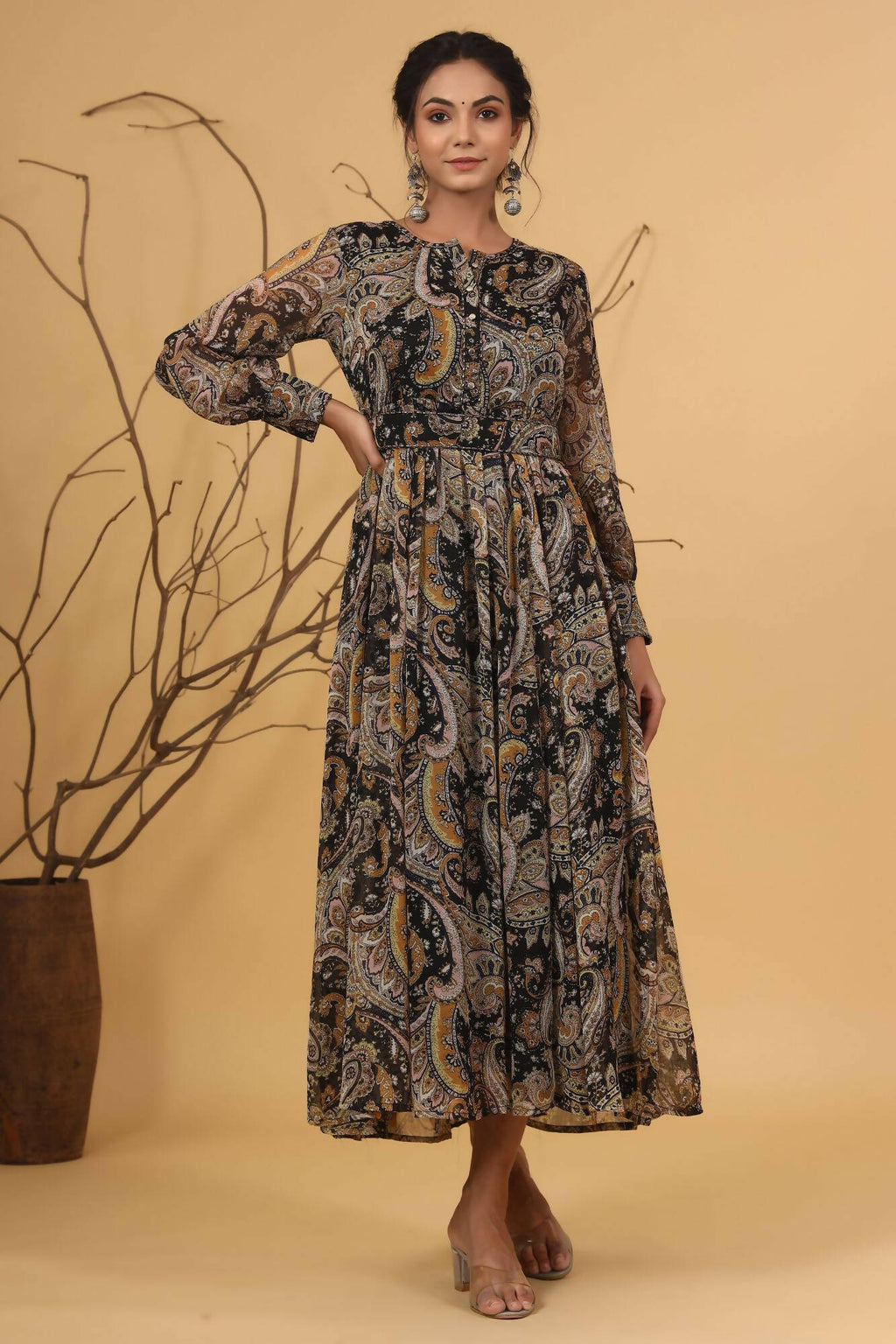 Juniper Women Black Chiffon Printed Flared Dress - Distacart