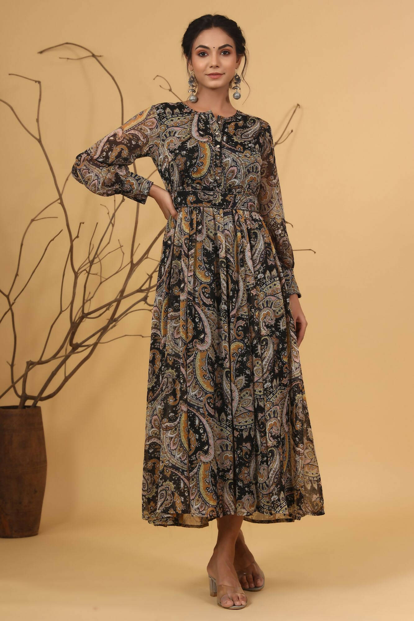 Juniper Women Black Chiffon Printed Flared Dress - Distacart