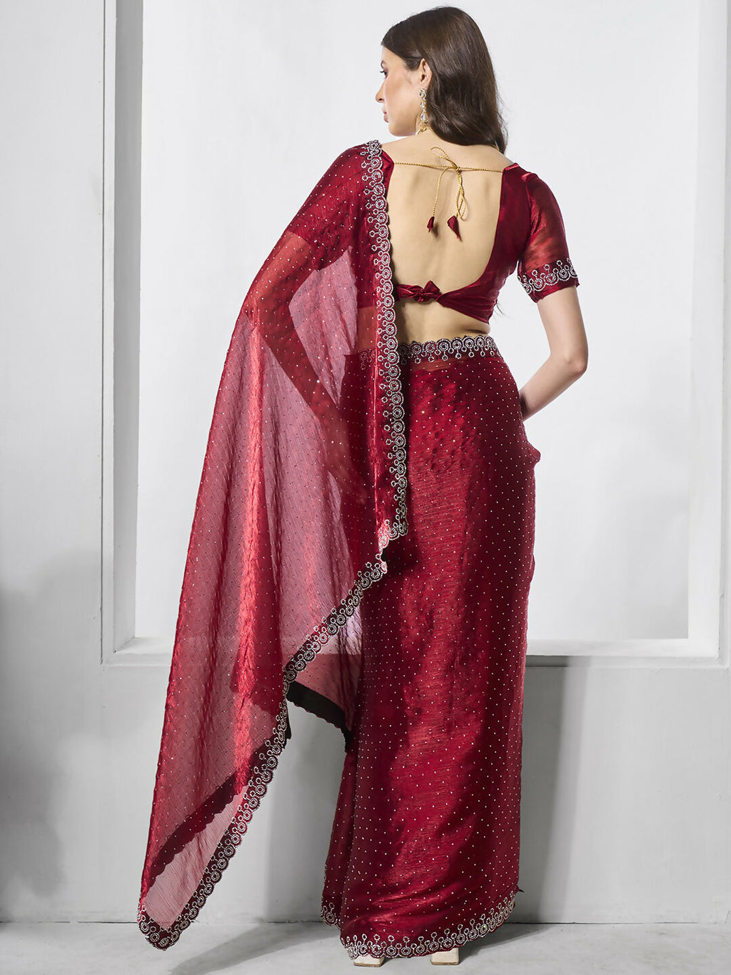Maroon Burburry silk Swarovski Designer Work Saree - Shezlin