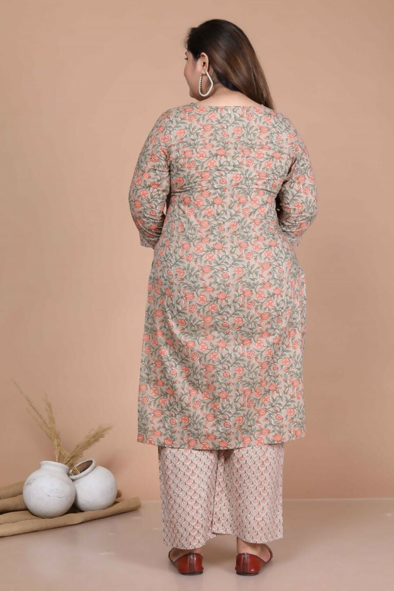 Miravan Women's Plus Size Brown Floral Printed Gotta Patti Pure Cotton Kurta With Palazzo And Dupatta Set